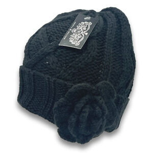 Black Thick Warm Knit Beanie Long Cuffed With Flower Accent Fall Winter Snow Hat